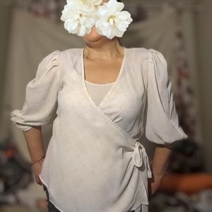 Creme colored tunic tie blouse, sheer, dressy, chic, princess puffy sleeves, bow